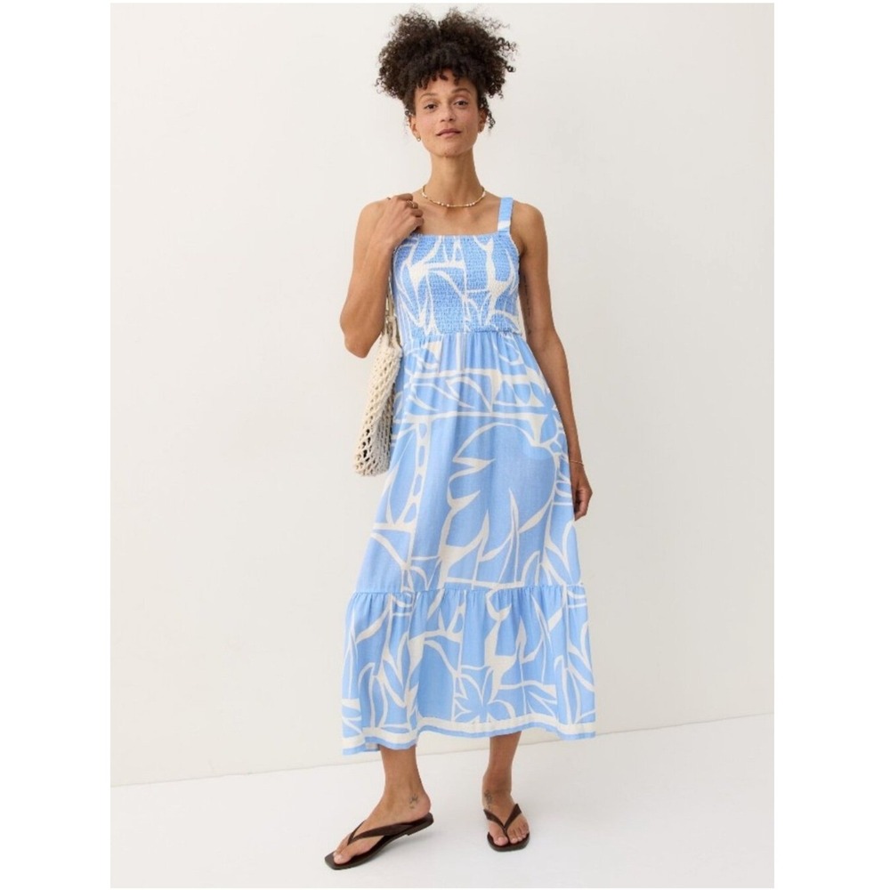 Marine Layer Selene Smocked Maxi Dress L Azul Mosaic Blue Linen Blend Pockets